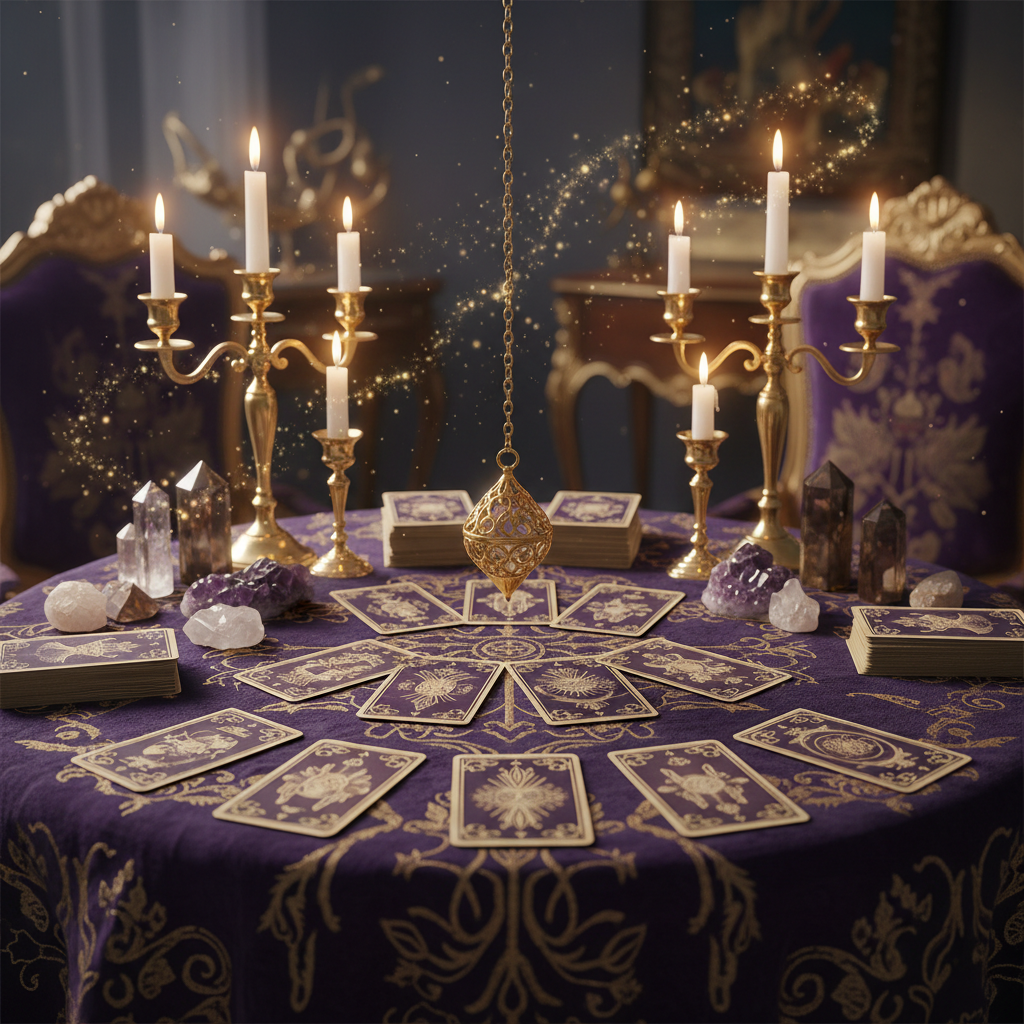 Pack de questions tarot et pendule avec ambiance mystique violette et dorée