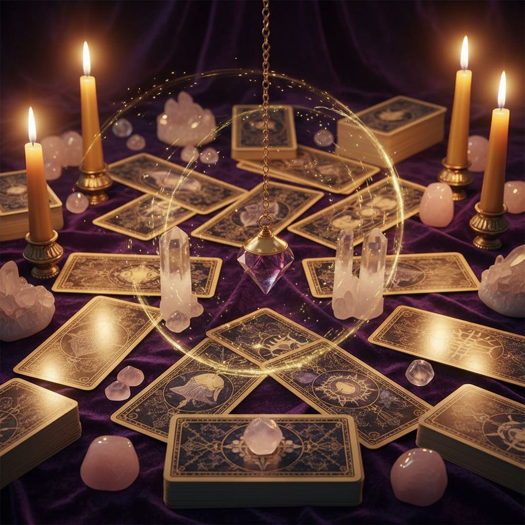 Pack avancé de questions tarot et pendule avec cristaux et ambiance luxueuse